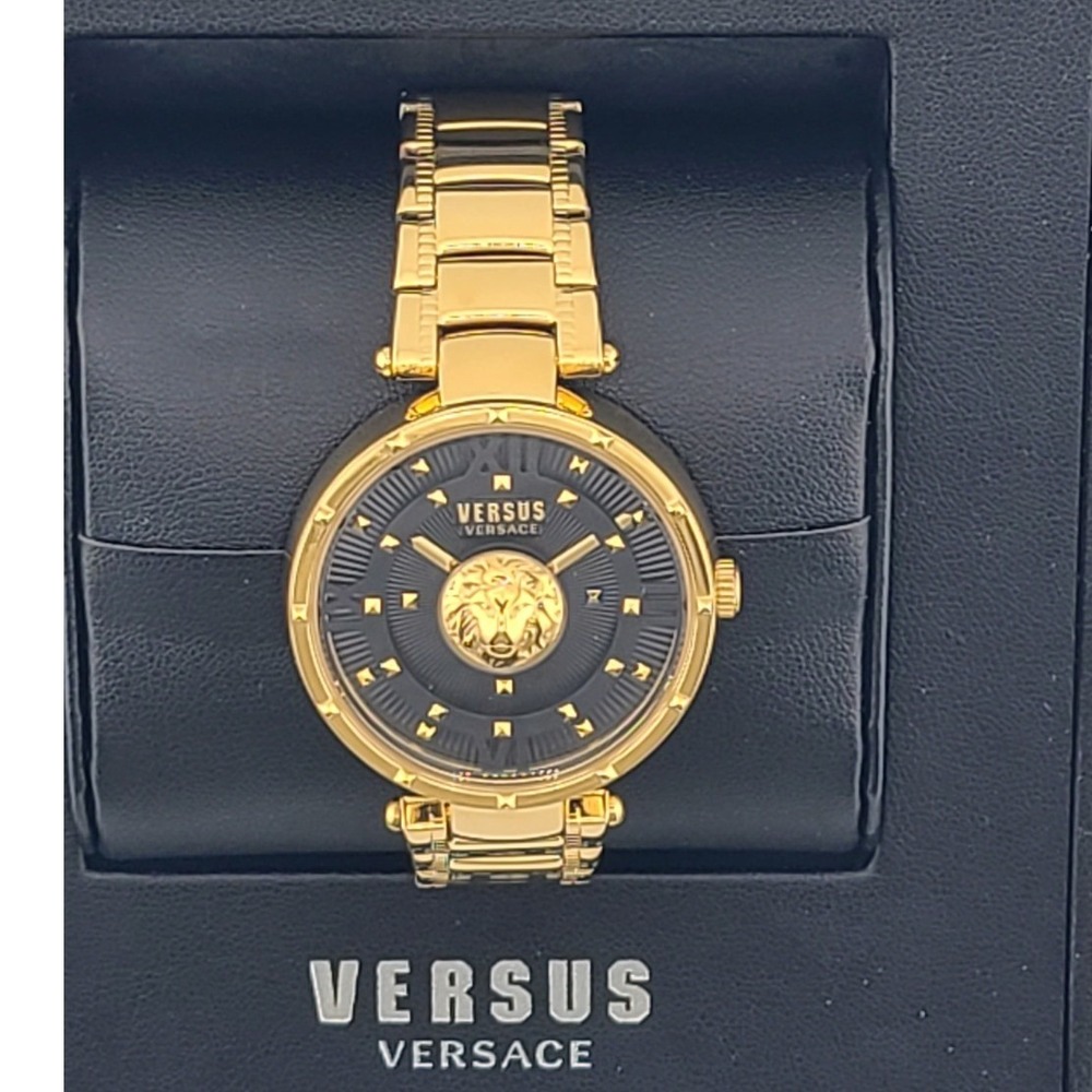 Versus Versace Lea Women Gold Tone Black Dial Lion Head Watch NEW